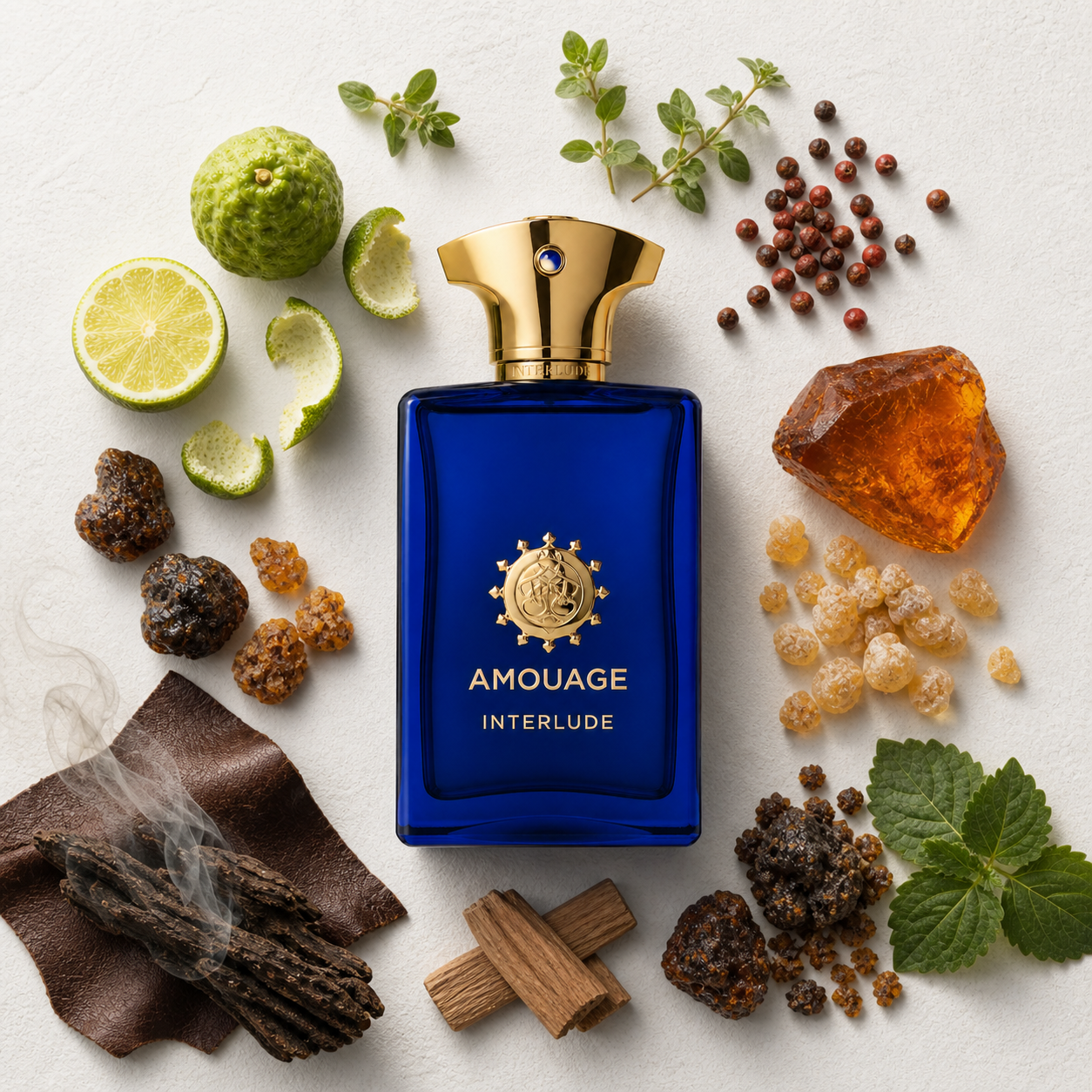 Amouage Interlude Man bottle-with-ingredients