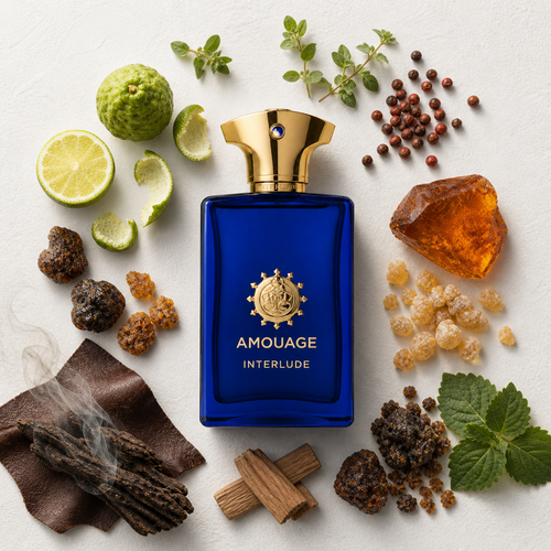 Amouage Interlude Man bottle-with-ingredients