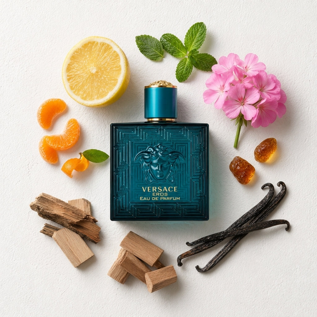 Eros Eau de Parfum bottle-with-ingredients