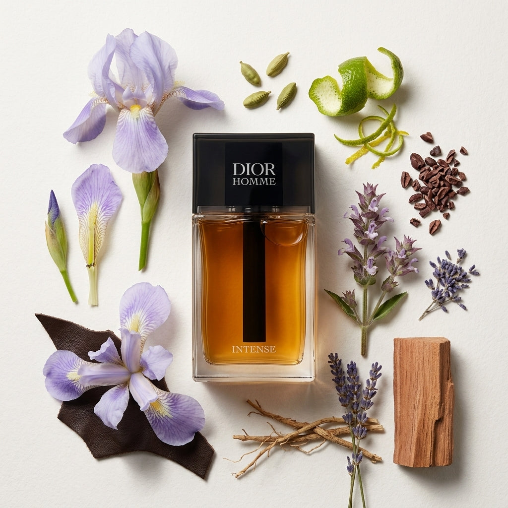 Dior Homme Intense Eau de Parfum bottle-with-ingredients
