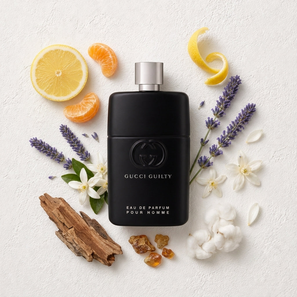 Guilty Pour Homme Eau de Parfum bottle-with-ingredients