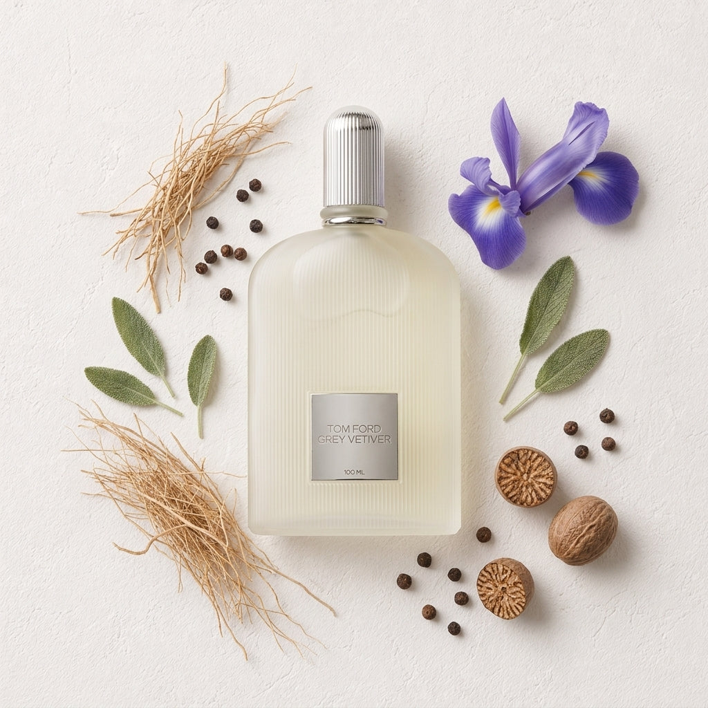 Grey Vetiver Eau de Parfum bottle-with-ingredients