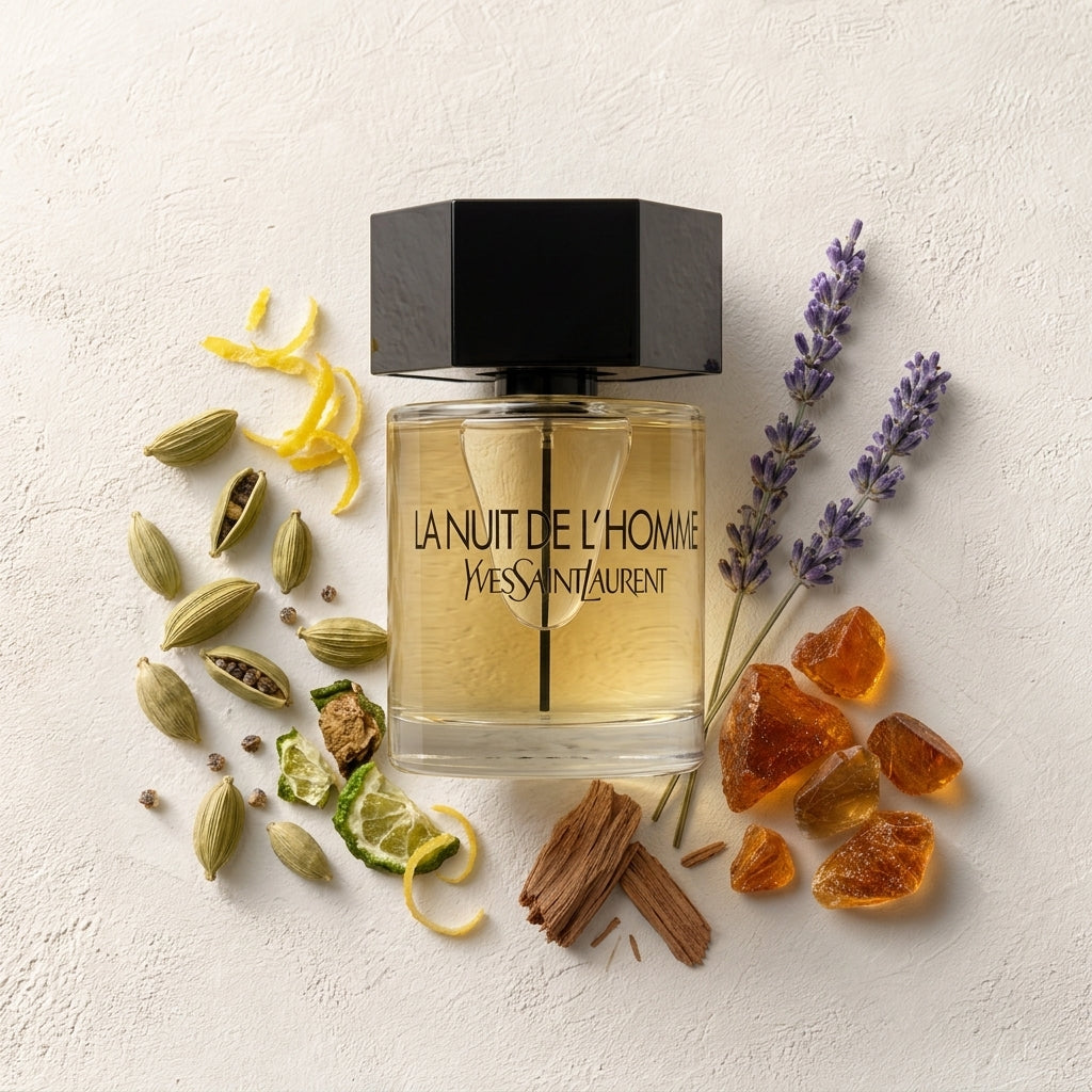 Dark Seduction la-nuit-de-lhomme-eau-de-toilette bottle-with-ingredients