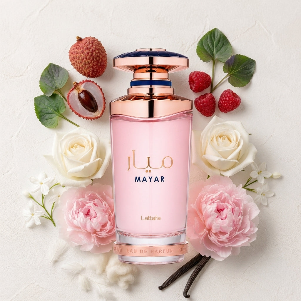 Fruity Floral Heaven lattafa-mayar-eau-de-parfum bottle-with-ingredients