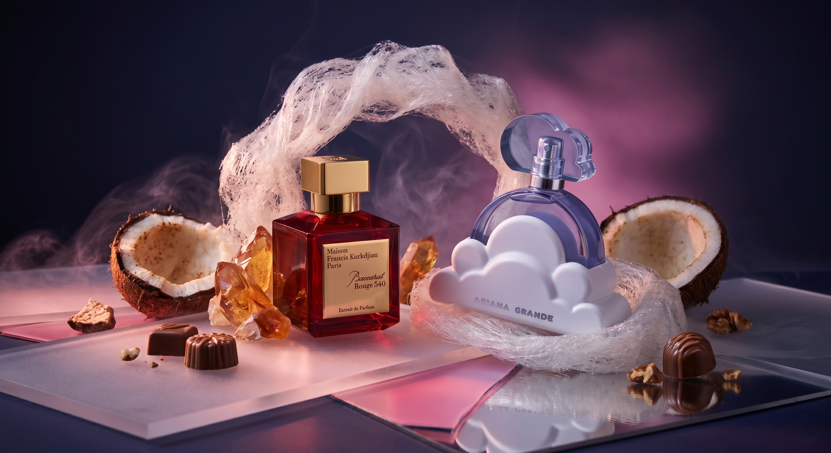 Iridescent close-up of layered perfume decants and reflective fragrance glass