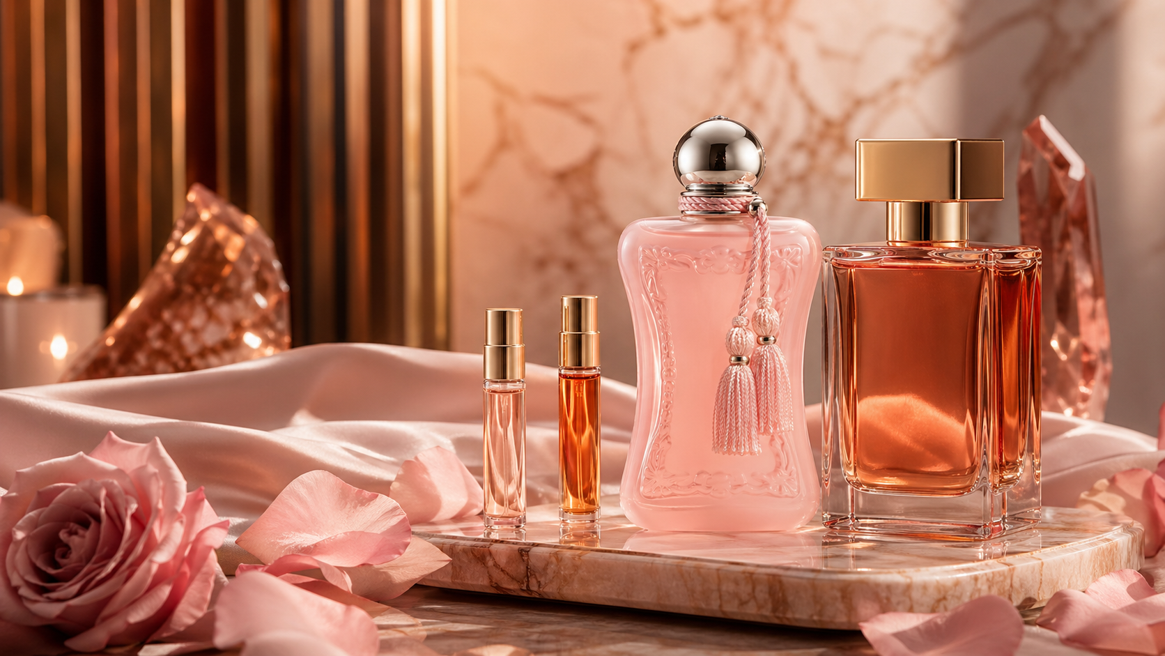 Romantic Evening scent stack with rose-toned bottles, amber crystal reflections, and polished decant vials