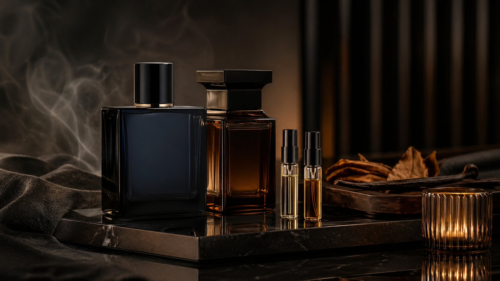 Date Night Power scent stack with dark bottles, amber light, tobacco notes, and polished decant vials